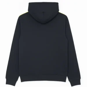 Black hoodie with neon yellow contrast panels on the sleeves and inside the hood.