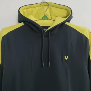 Black hoodie with neon yellow contrast panels on the sleeves and inside the hood.