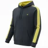 Black hoodie with neon yellow contrast panels on the sleeves and inside the hood.