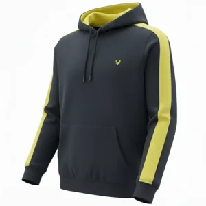 Black hoodie with neon yellow contrast panels on the sleeves and inside the hood.