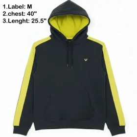 Black hoodie with neon yellow contrast panels on the sleeves and inside the hood.
