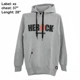 A grey pullover hoodie with black and orange HEROCK WORKWEAR logo printed across the chest and dark contrast drawstrings, photographed on a hanger.