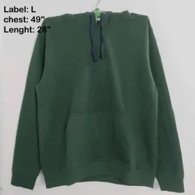 A dark forest green pullover hoodie on a hanger, showing a classic kangaroo pocket and blue/navy contrast drawstrings.