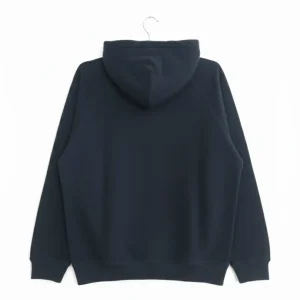 The back view of a plain black hoodie on a hanger, highlighting the smooth fabric and raglan sleeve design.
