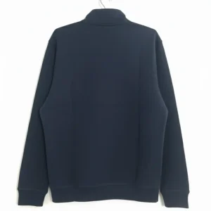 The plain back of a navy blue full-zip sweatshirt jacket with a stand collar and ribbed hem, displayed on a hanger.