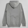 The plain back of a light grey heather pullover hoodie on a hanger, showing the attached hood and ribbed trim.