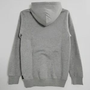 The plain back of a light grey heather pullover hoodie on a hanger, showing the attached hood and ribbed trim.