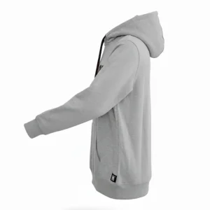 A grey pullover hoodie with black and orange HEROCK WORKWEAR logo printed across the chest and dark contrast drawstrings, photographed on a hanger.