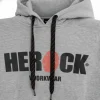 A grey pullover hoodie with black and orange HEROCK WORKWEAR logo printed across the chest and dark contrast drawstrings, photographed on a hanger.