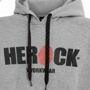 A grey pullover hoodie with black and orange HEROCK WORKWEAR logo printed across the chest and dark contrast drawstrings, photographed on a hanger.