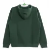 The plain back of a forest green pullover hoodie on a hanger, showing the attached hood and smooth fabric.