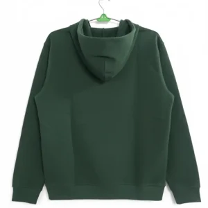 The plain back of a forest green pullover hoodie on a hanger, showing the attached hood and smooth fabric.
