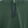 A dark forest green pullover hoodie on a hanger, showing a classic kangaroo pocket and blue/navy contrast drawstrings.