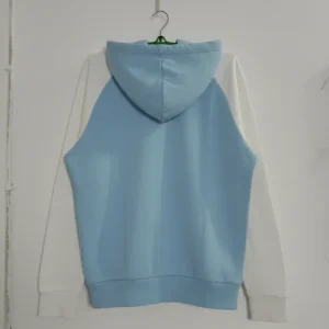 The back of the Kappa color block hoodie, highlighting the light blue body and white raglan sleeves.