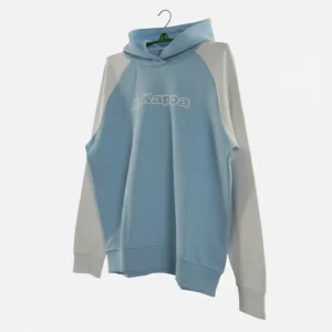 A light blue and white color block pullover hoodie by Kappa, featuring a large white logo and raglan sleeves, photographed on a hanger.