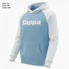 A light blue and white color block pullover hoodie by Kappa, featuring a large white logo and raglan sleeves, photographed on a hanger.