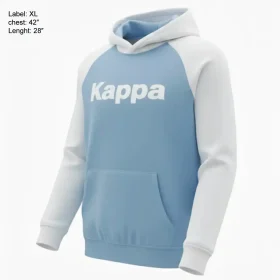 A light blue and white color block pullover hoodie by Kappa, featuring a large white logo and raglan sleeves, photographed on a hanger.