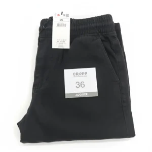 Image of CROPP black jogger pants with elastic waist, folded and showing the size 36 JOGGER tag.