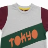 Tokyo printed kids sweatshirt with maroon sleeves and grey body