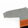 Front view of a grey, orange, and black long-sleeve kids' sweatshirt with a diagonal orange block that reads 