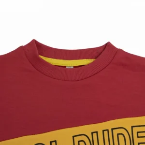 Front view of a maroon, yellow, and grey long-sleeve kids' sweatshirt with a diagonal yellow block that reads 