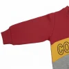 Front view of a maroon, yellow, and grey long-sleeve kids' sweatshirt with a diagonal yellow block that reads 
