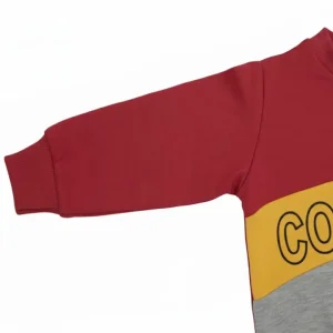 Front view of a maroon, yellow, and grey long-sleeve kids' sweatshirt with a diagonal yellow block that reads 