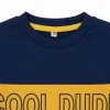 Front view of a navy blue, yellow, and grey long-sleeve kids' sweatshirt with a diagonal yellow block that reads 