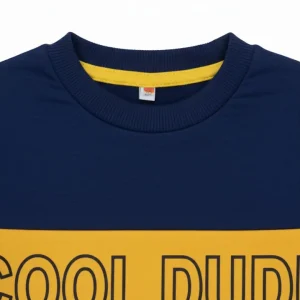 Front view of a navy blue, yellow, and grey long-sleeve kids' sweatshirt with a diagonal yellow block that reads