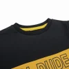 Front view of a black, yellow, and grey long-sleeve kids' sweatshirt with a diagonal yellow block that reads 