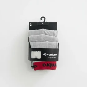 Umbro এর 3 প্যাক ছোট সাইজের গ্রে রঙের বক্সার ব্রিফস প্যাকেজিংসহ।