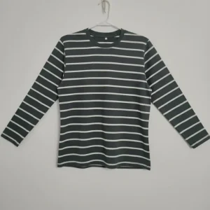 Front view of a men's dark gray and white horizontal striped long sleeve t-shirt hanging on a white background.