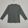 Back view of a men's dark gray and white horizontal striped long sleeve t-shirt hanging on a white background.