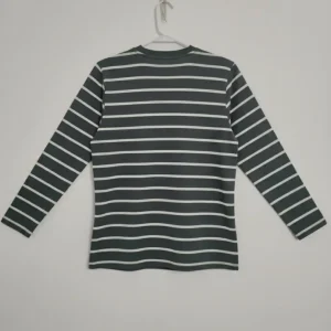 Back view of a men's dark gray and white horizontal striped long sleeve t-shirt hanging on a white background.