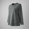 Front view of a men's dark gray and white horizontal striped long sleeve t-shirt hanging on a white background.