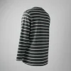 Back view of a men's dark gray and white horizontal striped long sleeve t-shirt hanging on a white background.