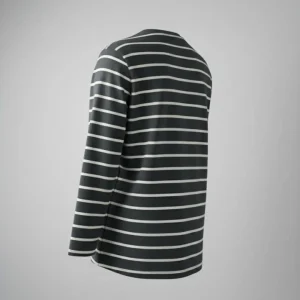 Back view of a men's dark gray and white horizontal striped long sleeve t-shirt hanging on a white background.