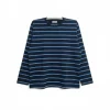 men's navy long-sleeve t-shirt featuring evenly spaced light blue horizontal stripes on a plain background.