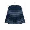 men's navy long-sleeve t-shirt featuring evenly spaced light blue horizontal stripes on a plain background.