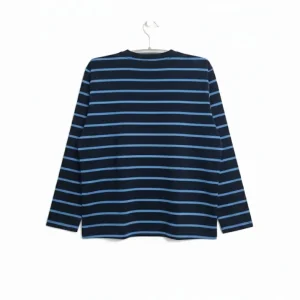 men's navy long-sleeve t-shirt featuring evenly spaced light blue horizontal stripes on a plain background.