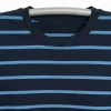 men's navy long-sleeve t-shirt featuring evenly spaced light blue horizontal stripes on a plain background.