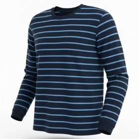 men's navy long-sleeve t-shirt featuring evenly spaced light blue horizontal stripes on a plain background.
