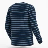 men's navy long-sleeve t-shirt featuring evenly spaced light blue horizontal stripes on a plain background.