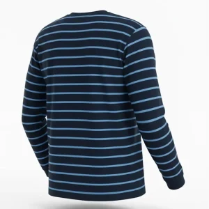 men's navy long-sleeve t-shirt featuring evenly spaced light blue horizontal stripes on a plain background.