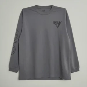 men’s charcoal gray long-sleeve crew neck t-shirt featuring a small black chest graphic and printed branding on the left sleeve.