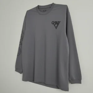 men’s charcoal gray long-sleeve crew neck t-shirt featuring a small black chest graphic and printed branding on the left sleeve.