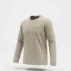 Beige men’s long-sleeve crew neck t-shirt featuring a small mont-bell logo on the chest, displayed on a plain background.