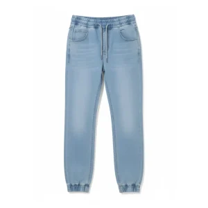 Full product shot of CROPP light blue denim joggers with drawstring waist and cuffed ankles, shown hanging.