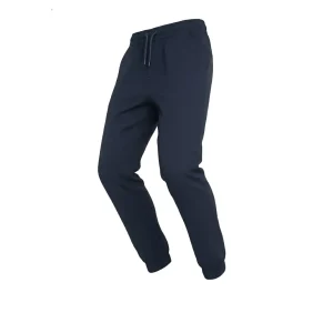 Front view of dark navy blue tapered joggers/chinos showing the drawstring waist and slanted side pockets.