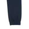 Front view of dark navy blue tapered joggers/chinos showing the drawstring waist and slanted side pockets.